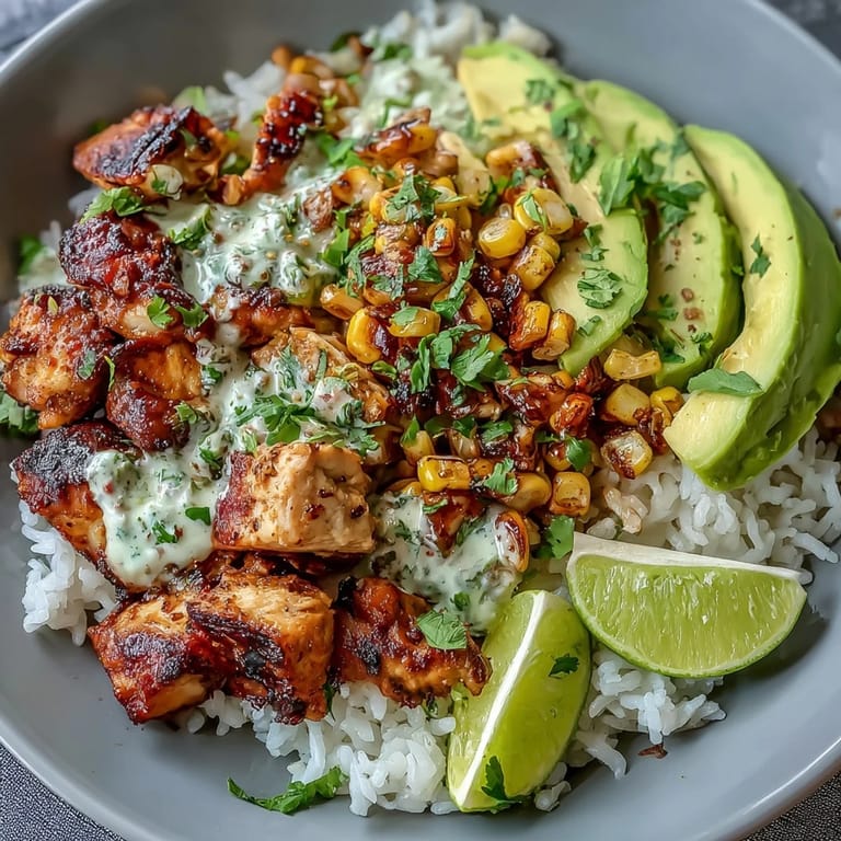 Vibrant Street Corn Chicken Rice Bowl topped with cotija cheese, fresh cilantro, and avocado slices for a flavor-packed dinner.