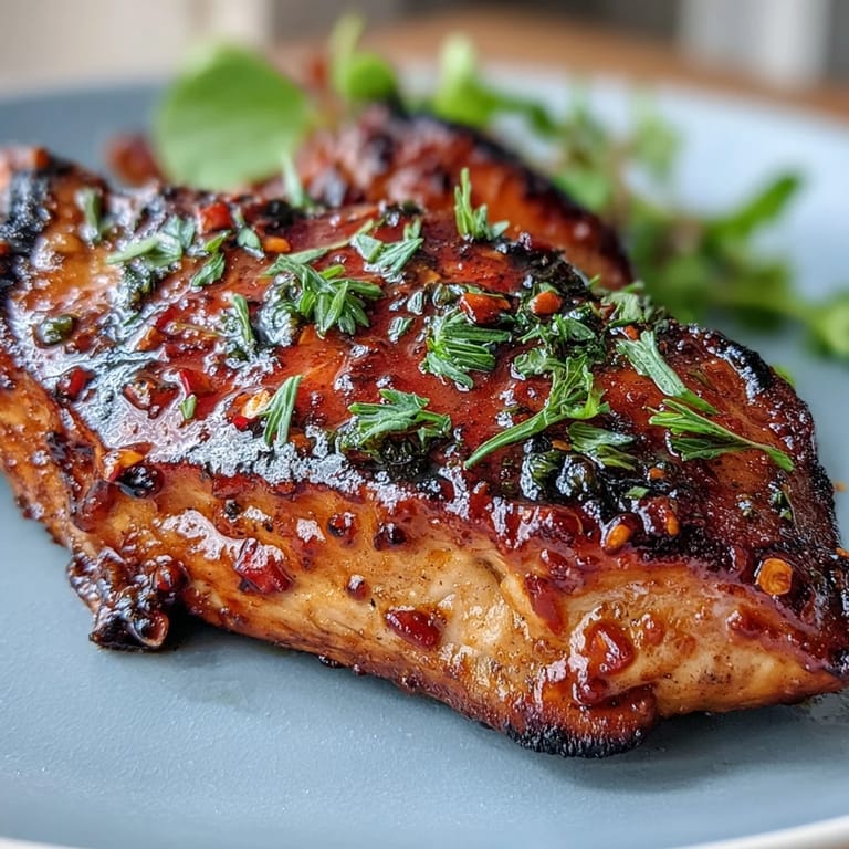 Glazed spicy maple chicken with chili flakes over fluffy coconut rice, garnished with lime and cilantro.