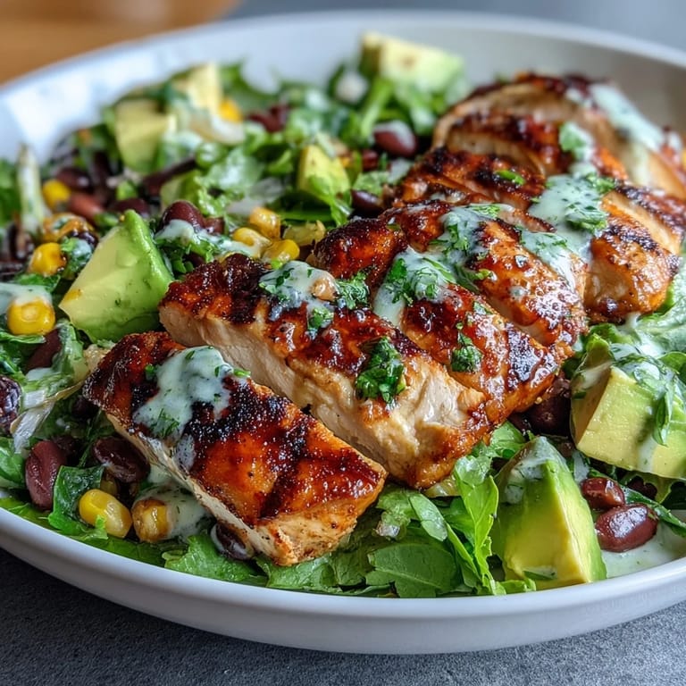 A vibrant Southwest Chicken Power Salad with Black Beans and Corn, featuring tender grilled chicken, creamy avocado, and crunchy peppers in a zesty cilantro-lime dressing.