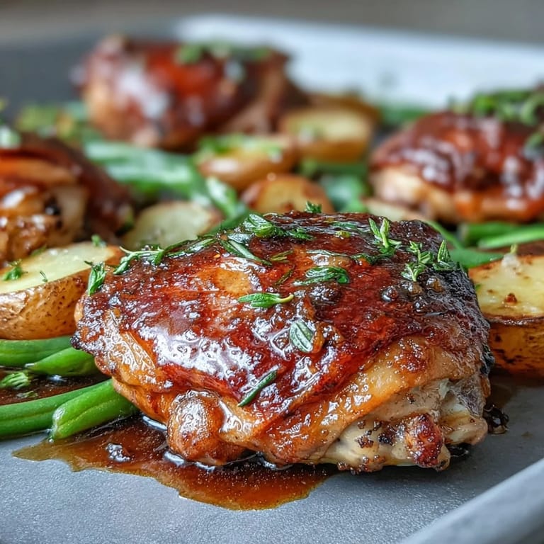 Juicy chicken thighs glazed with sweet honey garlic sauce, served alongside tender baby potatoes and crisp green beans. A satisfying one-pan meal.