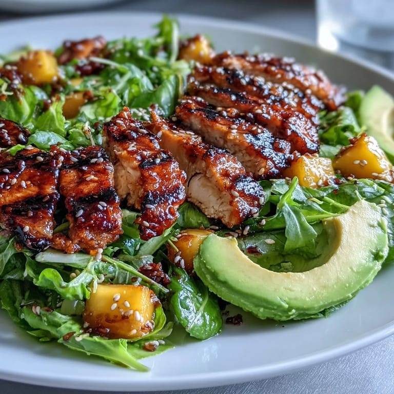 A colorful Mango Green Tea Grilled Chicken Salad with Sesame Seeds combines juicy mango-marinated chicken, fresh vegetables, and crunchy sesame seeds for a satisfying fusion dish.