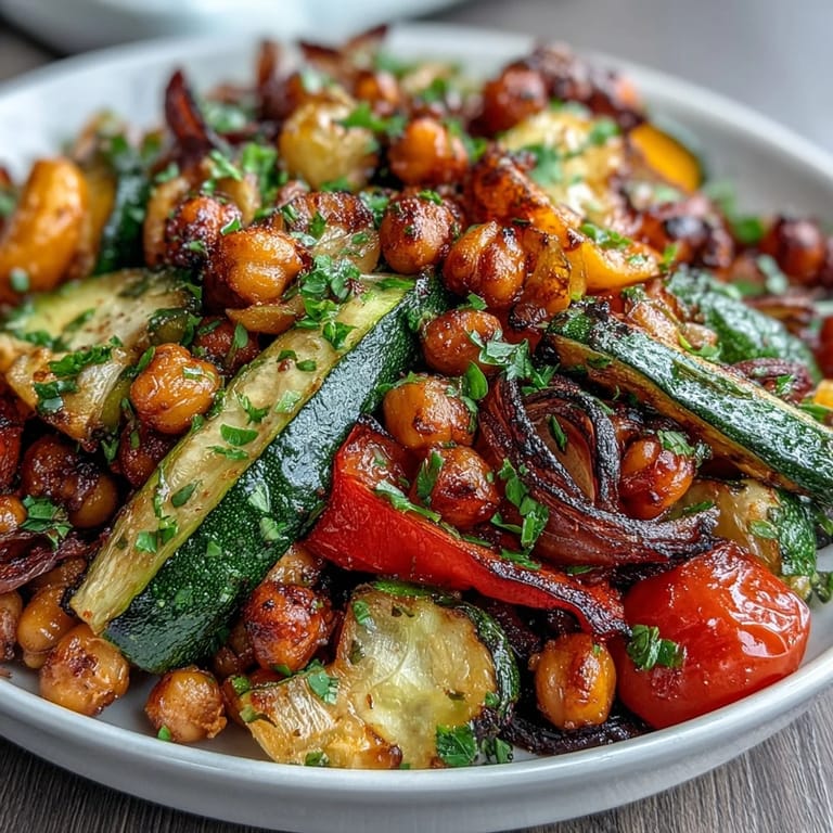 Golden-brown zucchini, bell peppers, and chickpeas roasted to perfection with fresh lemon and aromatic garlic, offering a bright Mediterranean flavor.