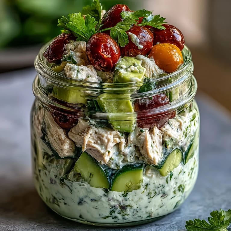 Colorful mason jar salad with shredded chicken, ripe avocado, cherry tomatoes, and cucumber, dressed in zesty lime and olive oil.  