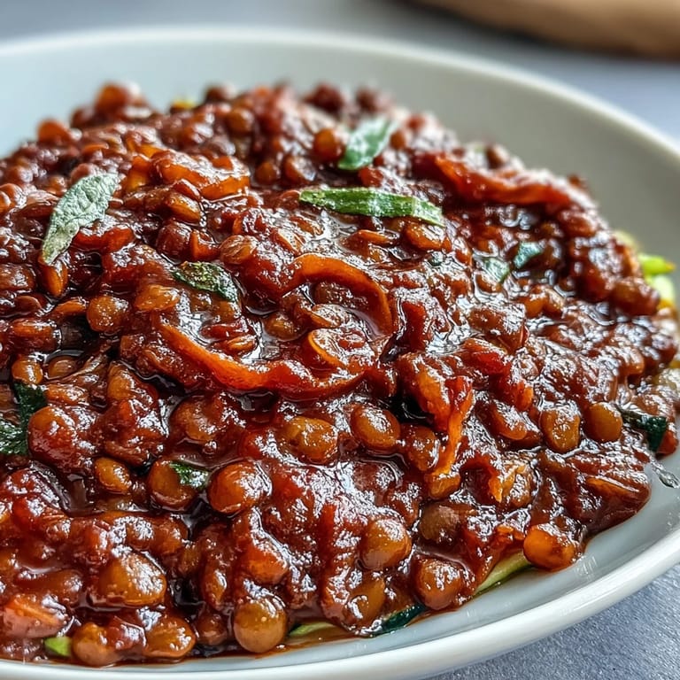 A vibrant plate of fresh spiralized zucchini and carrot noodles smothered in a savory vegan lentil Bolognese, garnished with fresh herbs and nutritional yeast.
