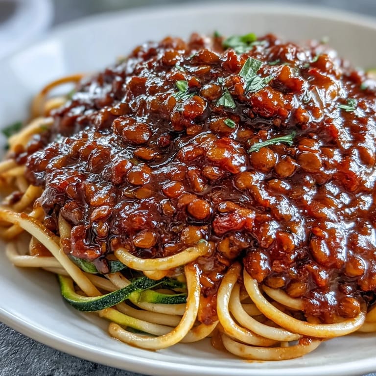 A rustic serving of vegan lentil Bolognese over crisp spiralized zucchini and carrots, showcasing a wholesome, plant-based twist on traditional Italian comfort food.