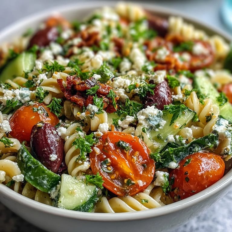 Light and refreshing whole grain pasta salad loaded with crunchy bell peppers, baby spinach, and creamy light feta crumbles, tossed in zesty lemon dressing.  