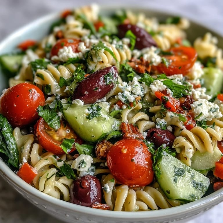 Vibrant Greek-inspired pasta salad bursting with summer vegetables, kalamata olives, and light feta, perfect for picnics or healthy lunches.