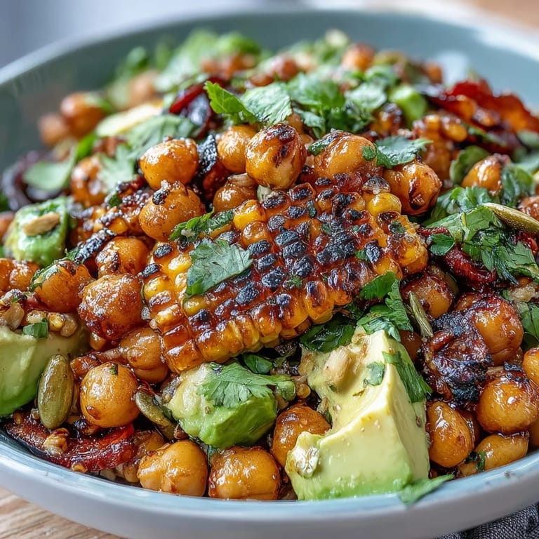 Fresh vegan street corn salad featuring sweet corn, hearty chickpeas, and tangy chili-lime dressing garnished with pepitas.