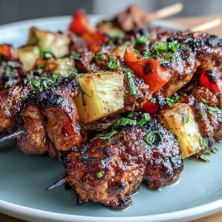 Spicy jerk chicken skewers featuring tender chicken, sweet pineapple chunks, and crisp peppers, grilled to smoky perfection for a tropical dinner delight.