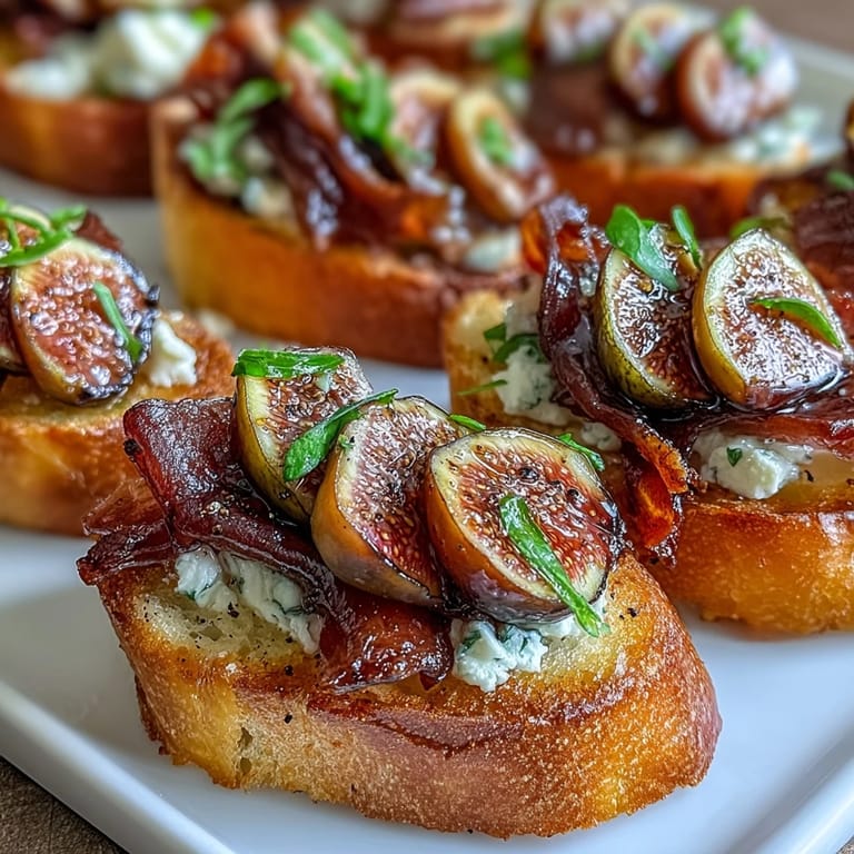 Elegant crostini recipe featuring golden baguette slices layered with thin prosciutto and juicy fig slices, garnished with fresh thyme.