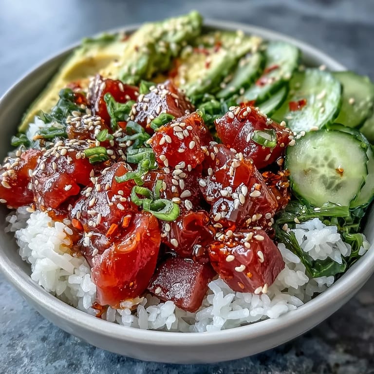 Vibrant Hawaiian poke bowl featuring spicy tuna, seaweed salad, and pickled ginger atop fluffy sushi rice.  