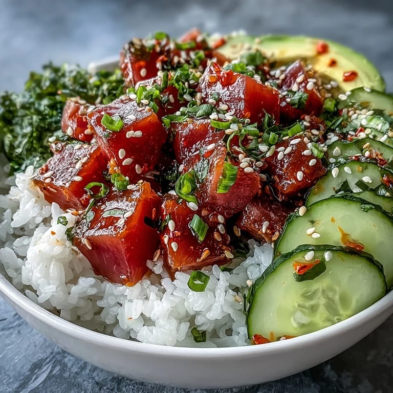 Fresh spicy tuna poke bowl with sesame-marinated fish, avocado slices, and edamame, served in a colorful bowl.