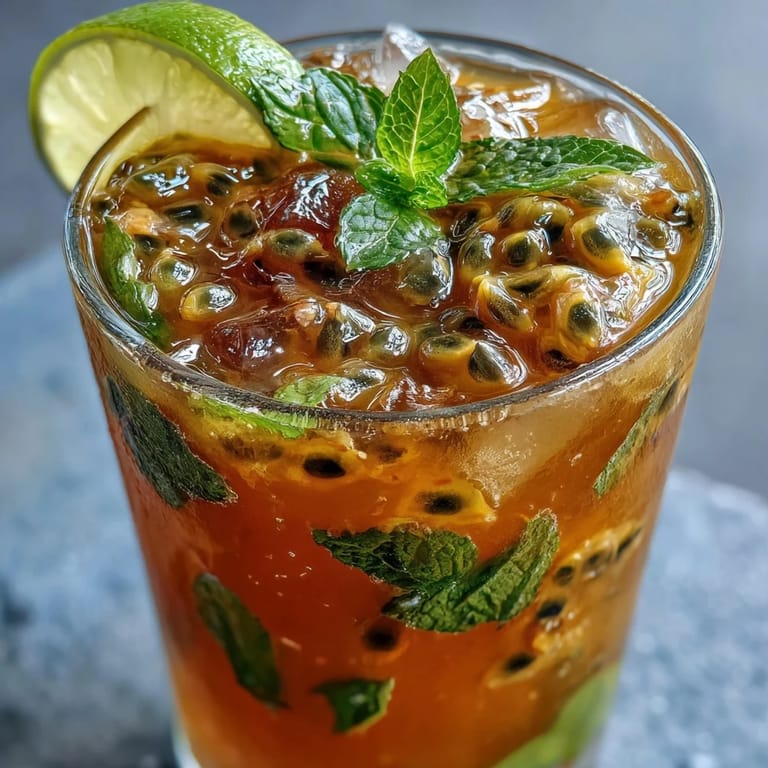 Tropical rum cocktail featuring ripe passionfruit pulp, zesty lime juice, and aromatic mint leaves—perfect for summer gatherings and festive occasions.