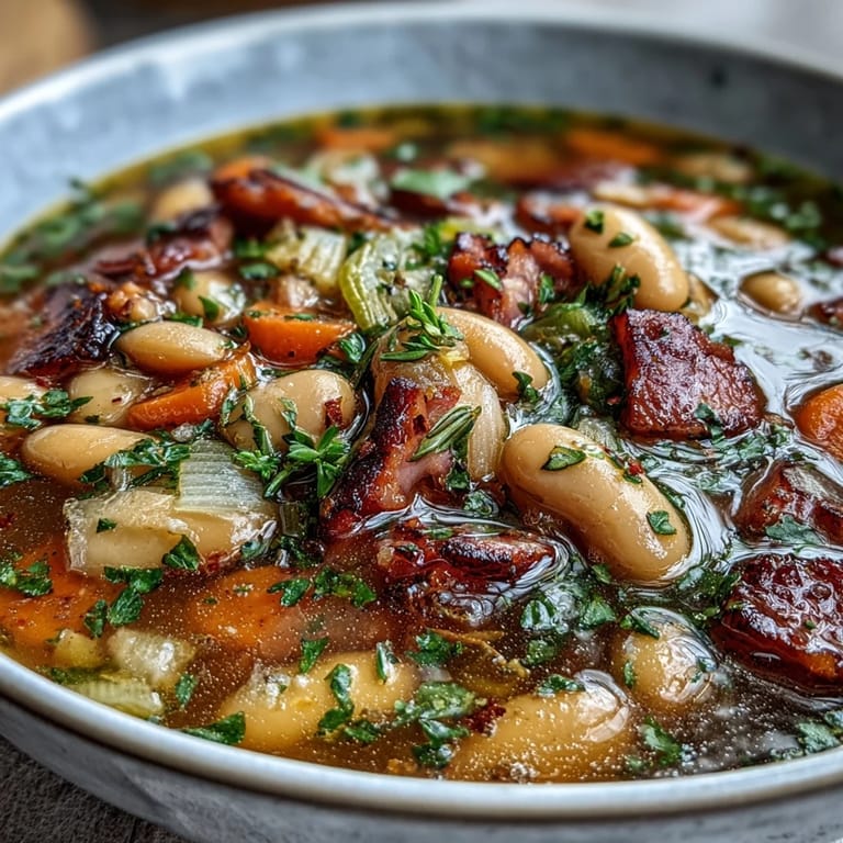 Warm and nourishing slow cooker ham and bean soup featuring smoky ham, soft beans, and aromatic herbs in every spoonful.