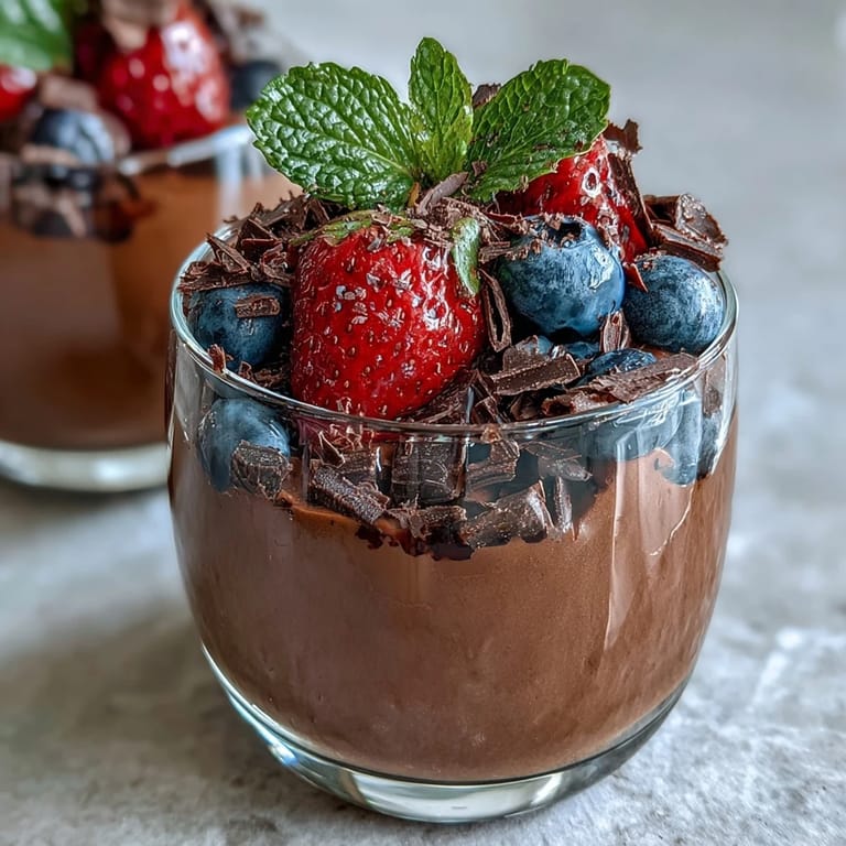 Creamy, high-protein chocolate mousse made with cottage cheese and cocoa, garnished with fresh berries and mint leaves.