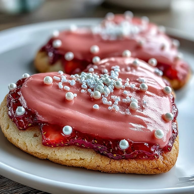 Festive Valentine's Day cookies featuring vibrant royal icing and freeze-dried strawberry flavor, creating a romantic dessert spread.