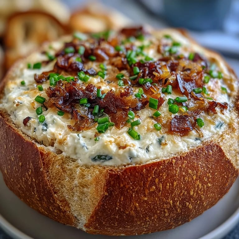 Warm sourdough bread bowl filled with rich caramelized onion dip, baked until bubbly and golden, perfect for sharing at gatherings.