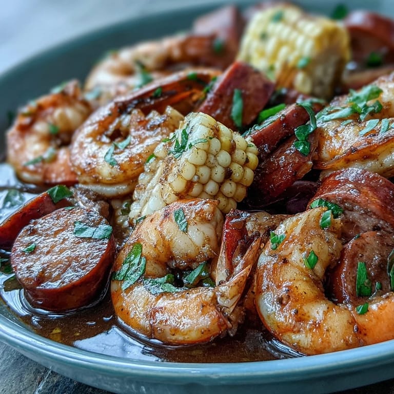 Hearty Southern seafood boil featuring juicy shrimp, smoky sausage, corn, and potatoes, all tossed with Cajun spices and melted butter.