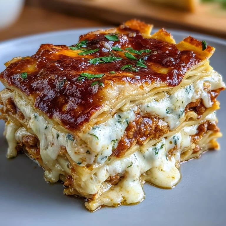 A fusion twist on classic lasagna featuring dumpling wrappers, ground meat, crisp veggies, and rich cheeses, finished with a bold soy ginger sauce and sesame seed garnish.