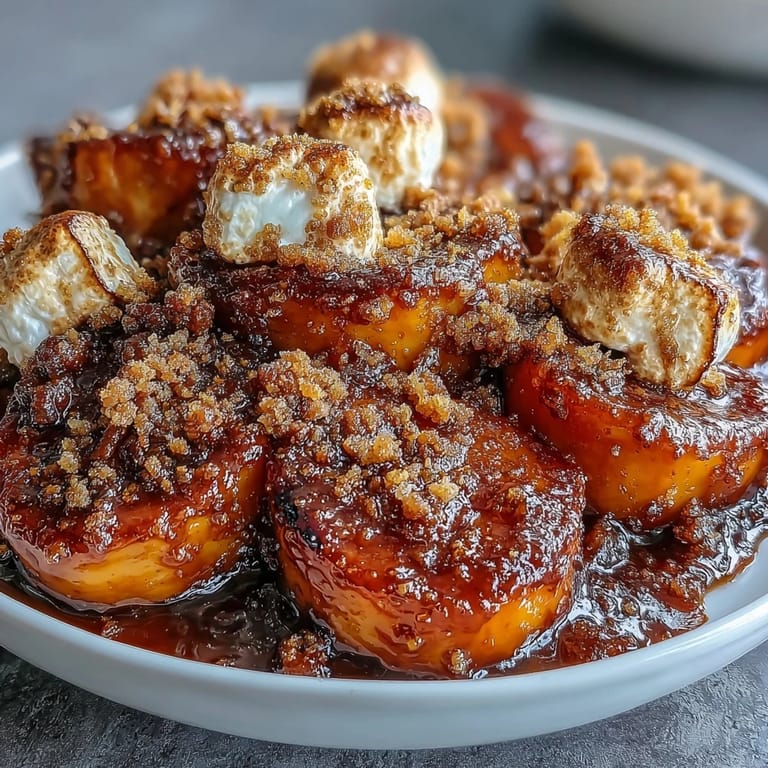 Classic Southern candied yams featuring tender sweet potatoes, gooey marshmallows, and buttery pecan crumble topping.