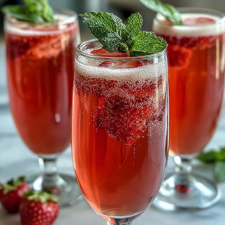 Chilled strawberry mimosa bar setup with Prosecco, fresh berries, and citrus slices for a Galentine's celebration.