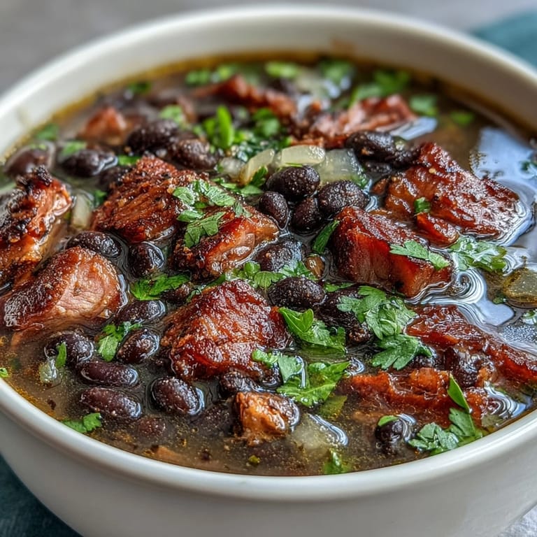 A hearty soup filled with tender black beans, smoky diced ham, and vibrant vegetables, finished with a splash of fresh lime juice.