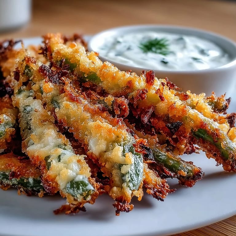 Healthy green bean fries cooked in the air fryer, paired with tangy homemade ranch yogurt dip.