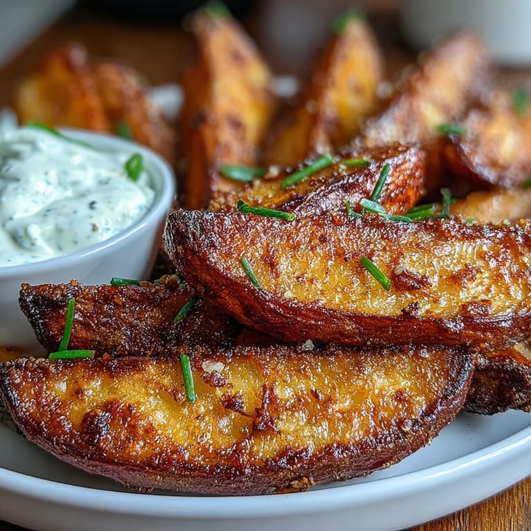 Crunchy potato wedges fresh from the air fryer, served alongside a cool, zesty spring onion dip for dipping.