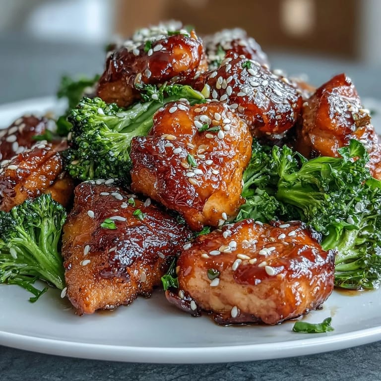 Juicy chicken pieces tossed in honey garlic glaze, paired with tender air-fried broccoli for a quick, healthy meal.  