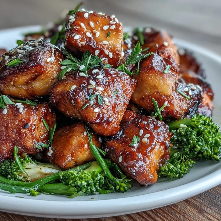 Sweet and savory honey garlic glazed chicken bites with perfectly roasted broccoli, a flavorful and easy dinner option.
