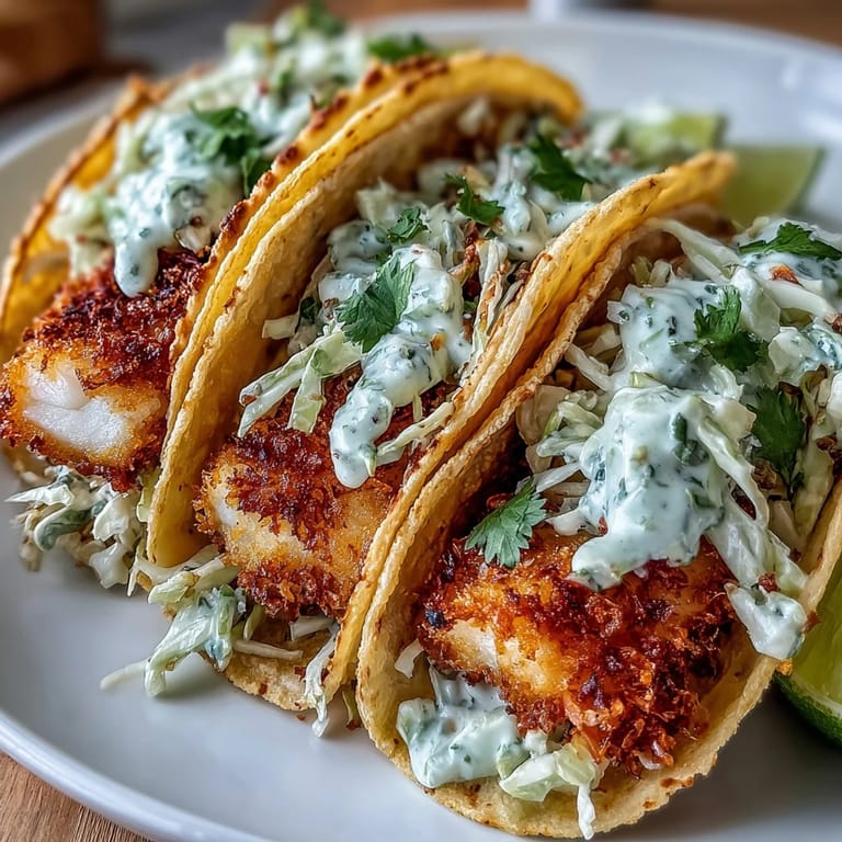 Crispy, golden fish fillets from the air fryer piled into soft tortillas with vibrant red and green cabbage slaw and a tangy cilantro-lime dressing.  