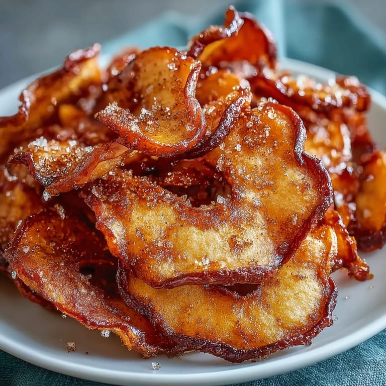 Golden apple slices sprinkled with cinnamon sugar, air fried to a light, crunchy texture for guilt-free snacking.