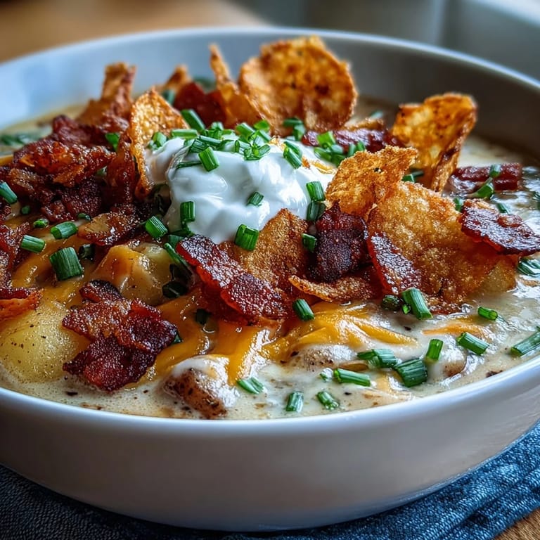 Warm bowl of cheesy Funeral Potatoes Loaded Baked Potato Soup topped with sour cream, chives, and golden kettle-cooked potato chips.
