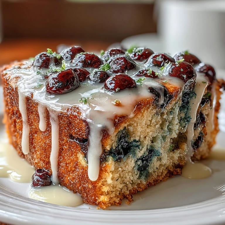 This moist, tangy lemon and blueberry sourdough cake baked in a cast iron skillet, drizzled with sweet lemon icing for a bright finish.