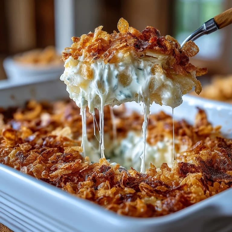 Comforting funeral potatoes lightened with Greek yogurt sauce, baked until bubbly with crunchy cornflake topping.