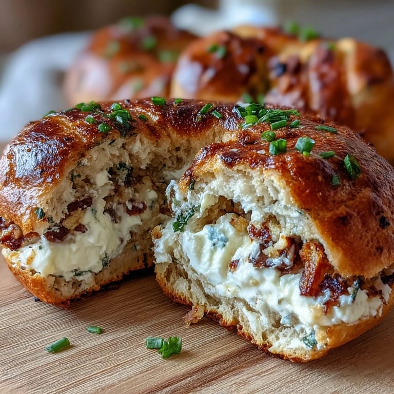Homemade protein bagels topped with garlic and herbs, sliced and ready to enjoy with a smooth, savory cottage cheese spread.