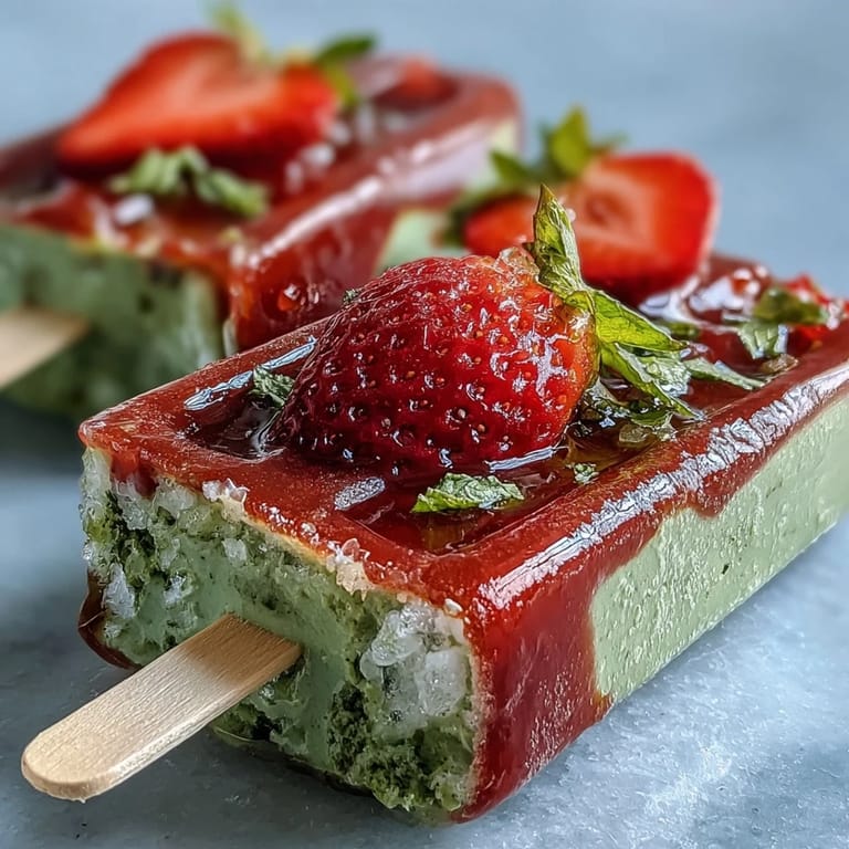 Vibrant strawberry and matcha latte popsicles, blending sweet fruit with green tea cream for a refreshing frozen dessert.