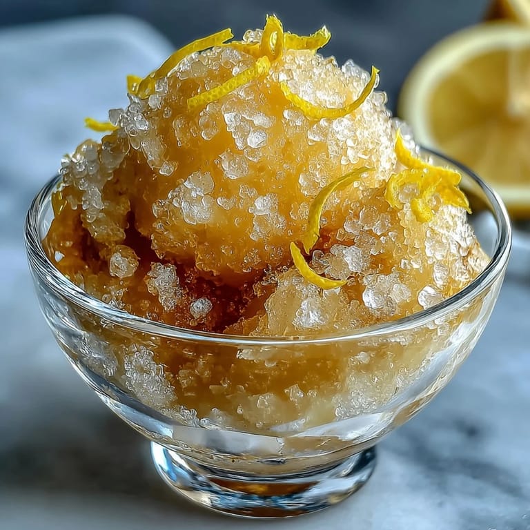 Silky limoncello sorbet served in a white bowl, with a bright lemon slice and sparkling ice crystals.  