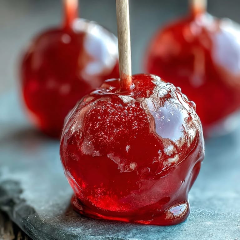 Festive red candy apples with wooden sticks, featuring a crunchy candy coating over tart, fresh apples.