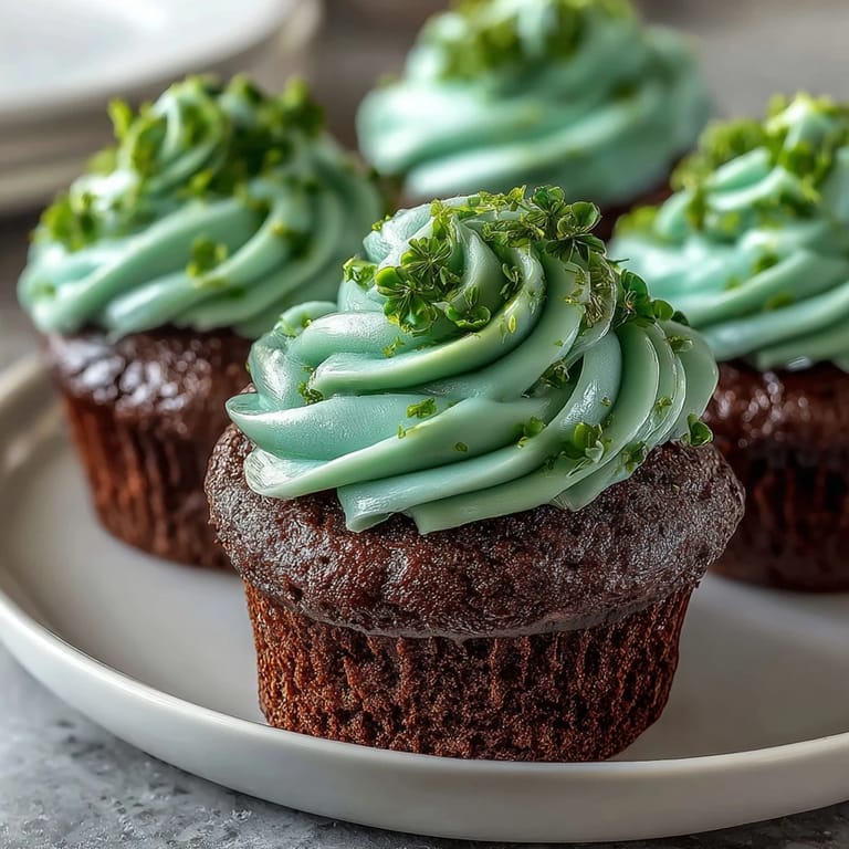 Festive green velvet cupcakes with velvety texture and vanilla frosting, ideal for St. Patricks Day parties and gatherings.