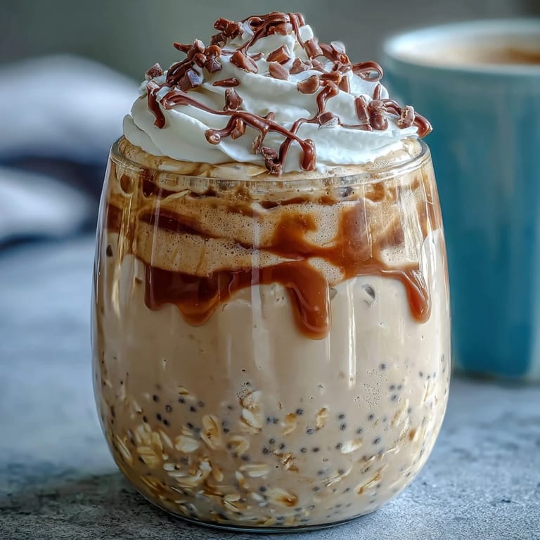 Layered vanilla bean frappuccino overnight oats in a jar, topped with chocolate shavings and caramel drizzle.