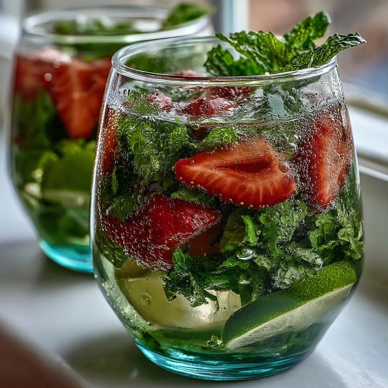 Festive alcohol-free mojito pitcher bursting with fragrant mint, tangy lime, and ripe strawberries, a crowd-pleasing spring beverage.