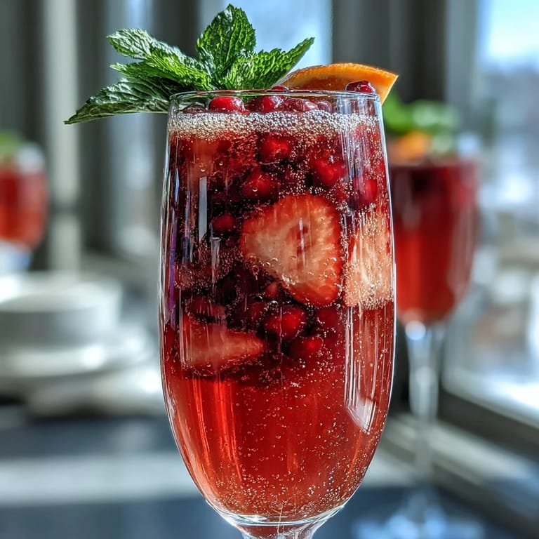 Festive non-alcoholic strawberry mimosa mocktails in champagne flutes, featuring bubbly orange juice and fresh fruit garnish for a celebratory brunch.