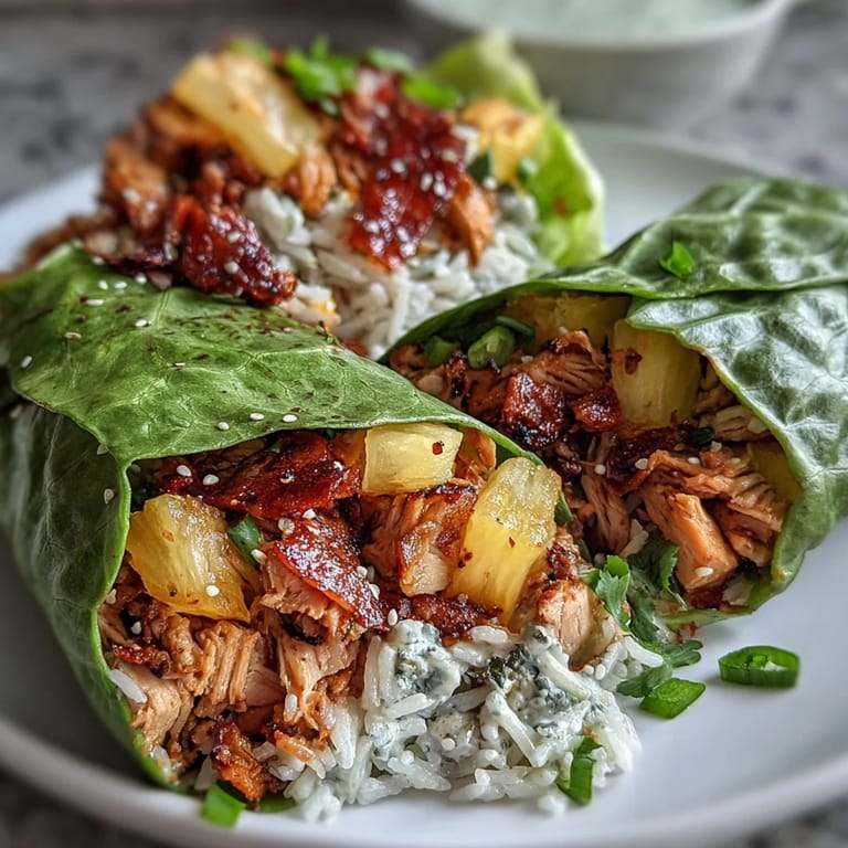 Tropical pineapple chicken and rice lettuce wraps garnished with green onions and sesame seeds for a light dinner.