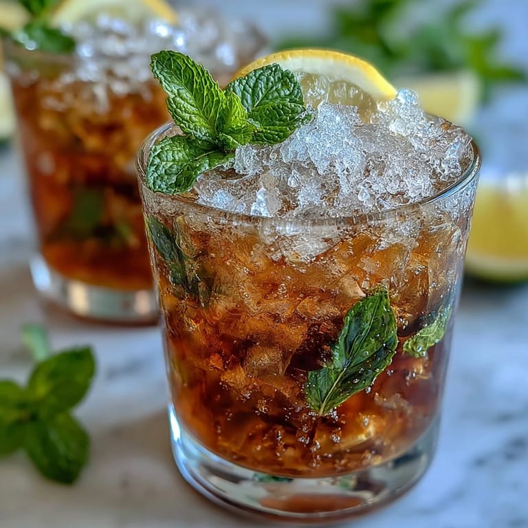 Refreshing mini mint julep mocktails served in frosted glasses, garnished with mint sprigs and citrus slices.