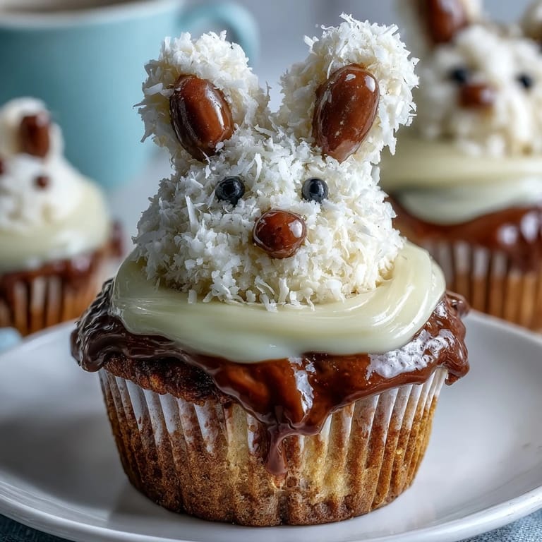 Sweet vanilla cupcakes rolled in coconut and decorated with marshmallow bunny tails for festive Easter celebrations.  