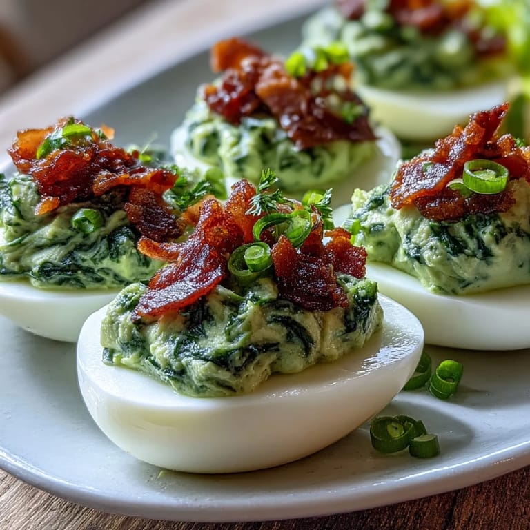 Whimsical deviled eggs feature a smooth spinach-herb yolk filling, topped with savory, crisped ham for a colorful appetizer.