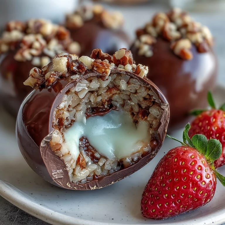 Elegant Easter eggs with crisp strawberry-chocolate shells filled with creamy hazelnut crunch, perfect for holiday dessert tables and gift giving.