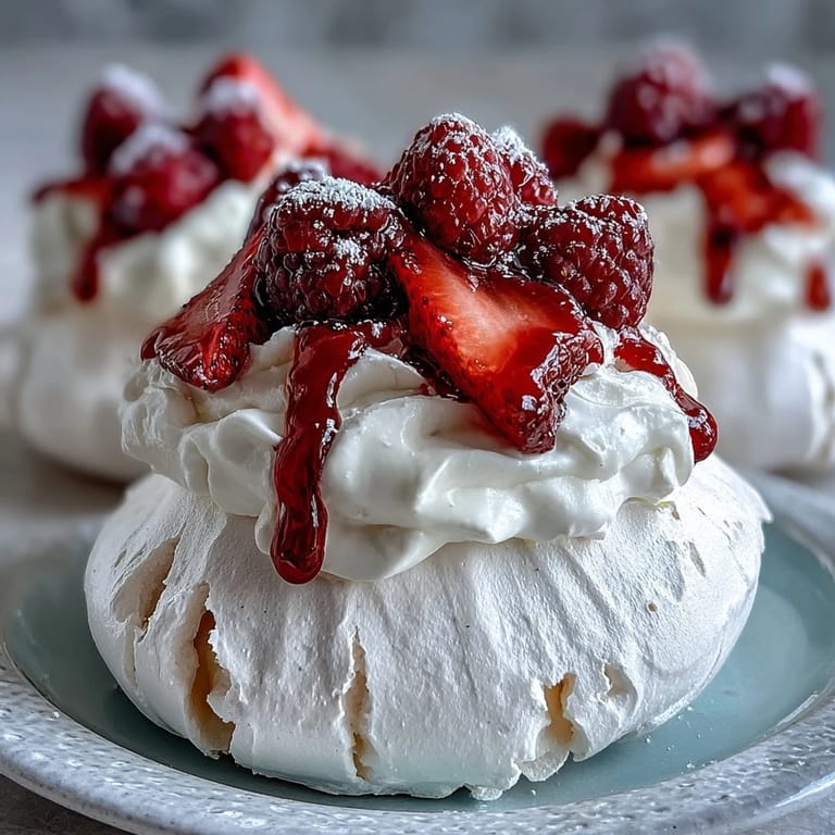 Crispy, light pavlova shells filled with sweet cream and fresh berries, ideal for dessert lovers.