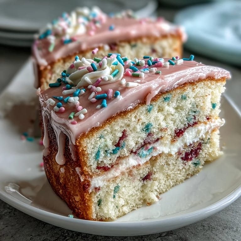 Light vanilla cake layered with rainbow sprinkles, frosted in soft pastel buttercream for a festive touch.  